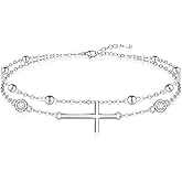 Cross Anklets for Women Beaded Anklet Sideways Cross Layered Ankle Bracelet Sterling Silver 925 Dainty Lucky Ankle Bracelets
