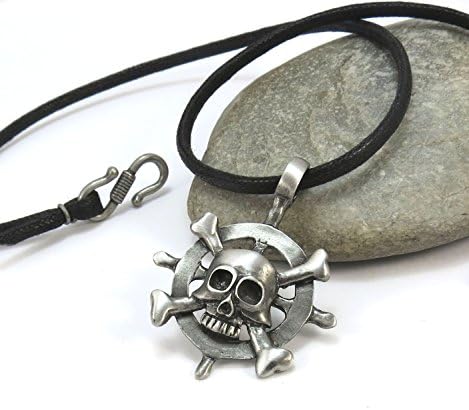 Skull Necklace with Pirate Ship Wheel on a Faux Leather Cord