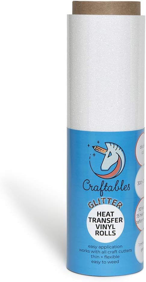 White Glitter Heat Transfer Vinyl 8 ft. Roll HTV - Easy to Weed Tshirt Iron on Vinyl for Silhouette Cameo, Cricut, Heat Press, All Craft Cutters by Craftables
