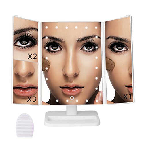 24 LED lighted Makeup Mirror with Upgraded Touch Screen, 1x/2x/3x Magnification Trifold Vanity Mirror, USB Charging 180°Free Rotation Table Countertop Cosmetic Mirror
