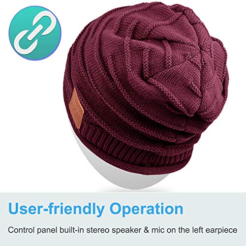 Mydeal Wireless Bluetooth Beanie Hat Headphones Headsets Music Audio Cap with Speakers Mic Hands Free for Women Men Outdoor Sports,Compatible with Iphone 7/7 plus,Samsung,Christmas Gifts - Burgundy