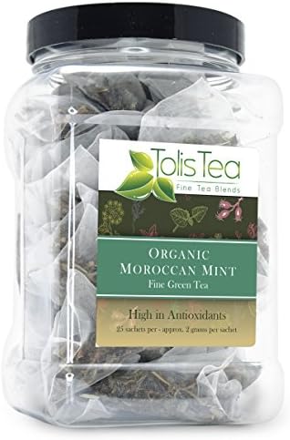 Tolis Tea Organic Moroccan Mint Tea, Fine Green Tea, High In Antioxidants, - Premium whole leaf pyramid tea sachet bags - All natural Ingredients, 25 Silk Sachets
