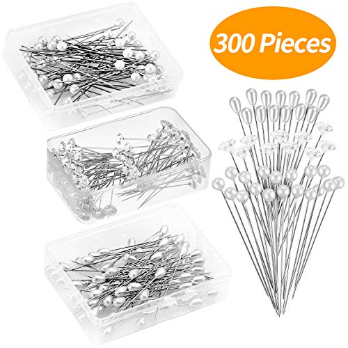 Senkary 300 Pieces Corsages Pins Flower Pins Floral Pins Diamond Crystal Pins Pearl Pins Straight Head Pins Wedding Bouquet Pins, 3 Styles