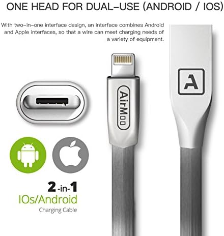 AirMoo 2-in-1 Lightning and Micro USB Cable, Premium Durable Sync and Fast Charging Cable Cord for Apple iPhone 7 / 7 Plus / 6S / 6S Plus / 6 / 6 Plus, iPad,Samsung, Android Phone (GunMetal)