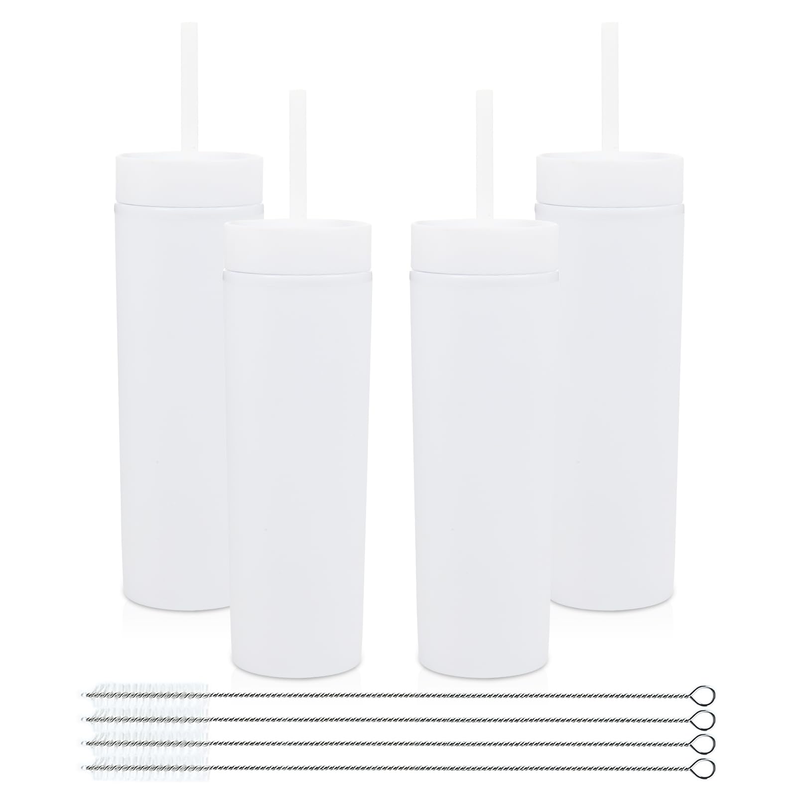 Volhoply 16oz Plastic Skinny Tumblers Bulk 4 Pack,Double Wall Tumbler with Lid and Straw,480ML Reusable Iced Coffee Mug,BPA Free Matte Acrylic Water Cups with Straw for Parties,DIY Gifts(White,4 Set
