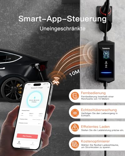 tomons Mobile Wallbox 11 kW with App, Type 2 Charging Cable 7M, 3-Phase 6-16 A 400 V CEE Plug, 2.4 Inch LCD, IP65, Adjustable Charging Power and Start Time, for E Car ID.3/4/5/7, Model Y/3, ENYAQ and