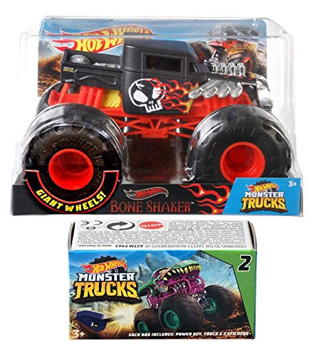 Hot Wheels Red Black Bone Shaker Classic Monster Flaming Action 2019 Giant Wheels Pickup Blind Box Series Mini Monster Truck with Power Key Launcher 2 Items Bundle