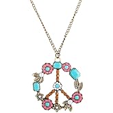 Bohemian Hippie Style Peace Sign Necklace Peace Sign Pendant Necklace for 60s 70s Party Accessories Wearing Jewelry By The Seaside (Pink flower)