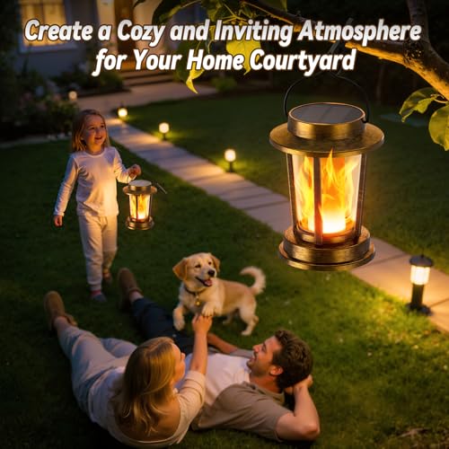 TuyLuxe Solar Lights for Outdoor Hanging/Standing, Solar Lanterns for Outdoor Warm White, IP65 Waterproof Retro Solar Lights, Garden Decoration with Clips for Outdoor Garden, 2 Pieces (Bronze, Flame