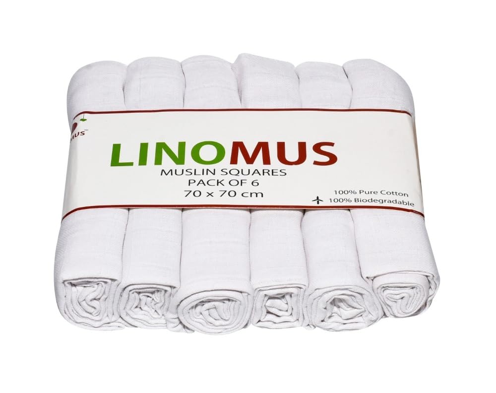Linomus Muslin Squares- Pack of 6 (70 x 70 cm) - Soft, Absorbent & Breathable 100% Pure Cotton Muslin Cloths for baby-Burp Cloths - Ideal to Clean, Wipe & Cover Newborns - White Snow Theme