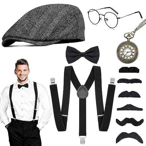 WEARXI 20er Jahre Kostüm Herren, Karneval Kostüm karnevalskostüm Herren mit Hosenträger Hut Krawatte Taschenuhr Kunstbart Gläser, Mafia 20er Jahre Accessoires Fasching Anzug Kleidung für Partys