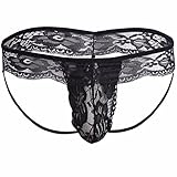FEESHOW Men's Lace Jockstrap Briefs Bikini Thong G String Underwear T Back Black X-Large(Waistline 28.0-37.0