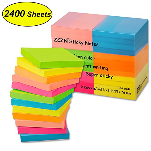 ZCZN 6 Bright Color Sticky Notes,3 in x 3 in 24 Pads/Pack 100 Sheets/Pad Sticky issue is improved (24 pack)