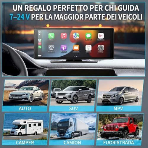 10.26 Inch Car Play Screen Car Play for Wireless Car and Android Car, 4K Dash Cam, Support 1080P Rear View Camera, IPS Touch Car Screen, Mirror Link, BT/FM/AUX, TF 64GB, Plug and Play 12V/24V