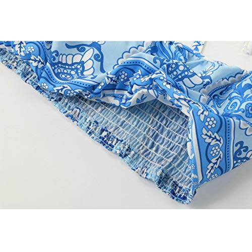 2Piece Womens Boho Casual Outfits Set,Shoulder Tie Floral Print Crop Top Flared Belt Wide Leg Palazzo Pants Suit Blue