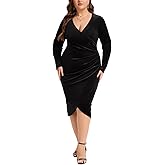 LADI TREND Plus Size Velvet Wrap Dress for Women Long Sleeve Sexy Ruched Cocktail Party Wedding Guest Bodycon Dress
