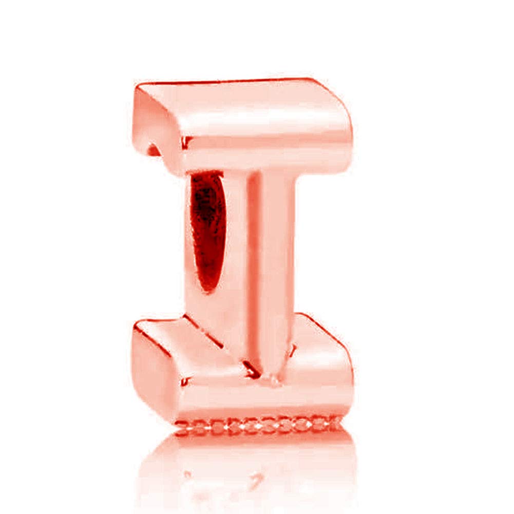 925 Sterling Silver Rose Gold Beads Alphabet Charms Letter Initial I Charm Anniversary Charm Words Charm fits Pandora Charms Bracelet (I)