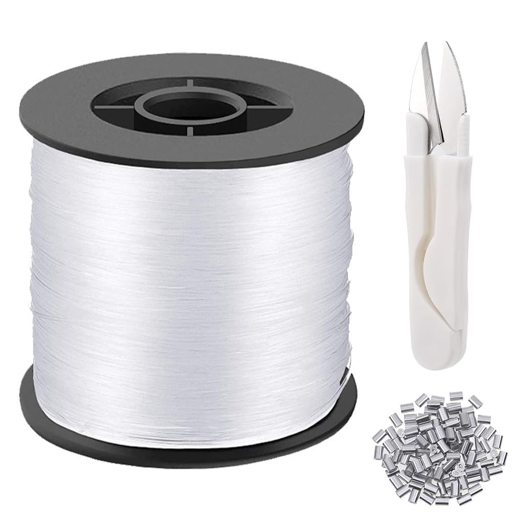 Strong Clear Invisible Hanging Wire, 0.8 Mm Clear Nylon Thread, Strong Clear Nylon Fish Wire with 120 Aluminum Crimping Sleeves & Scissors, Clear String Hanging Kit for Hanging Decorations(200M)