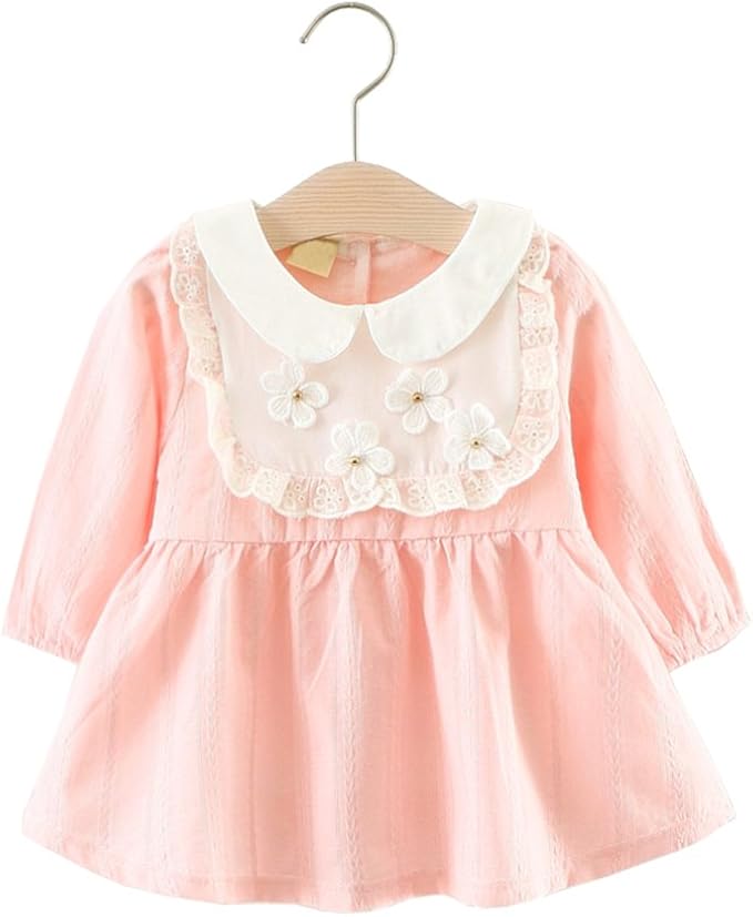 Amazon Co Jp Fevon ワンピース ベビー 赤ちゃん 女の子 長袖 春 秋 冬 丸襟 可愛い レース切り替え 配色 おしゃれ花付き 子供ドレス キッズ ガールズ 女児用 新生児 出産祝い 入園式 通園 発表会 プレゼント 服 ファッション小物