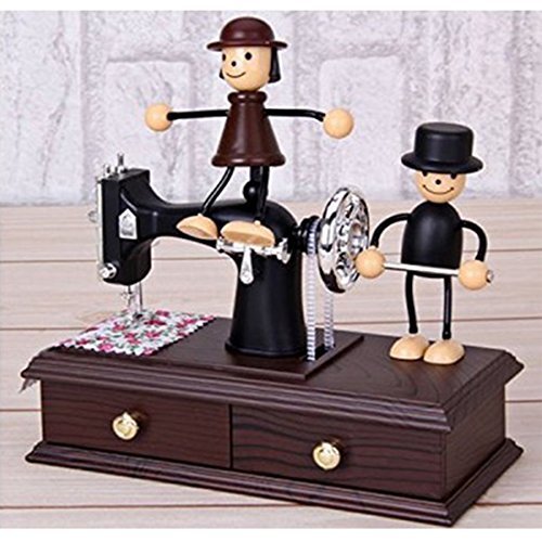 Musical Wind up Vintage Miniature Oak Mini Sewing Machine Style Mechanical Plastic Music Box Vintage Look Table Desk Decoration Toy Gift for Kid Children Birthday Gift (1)