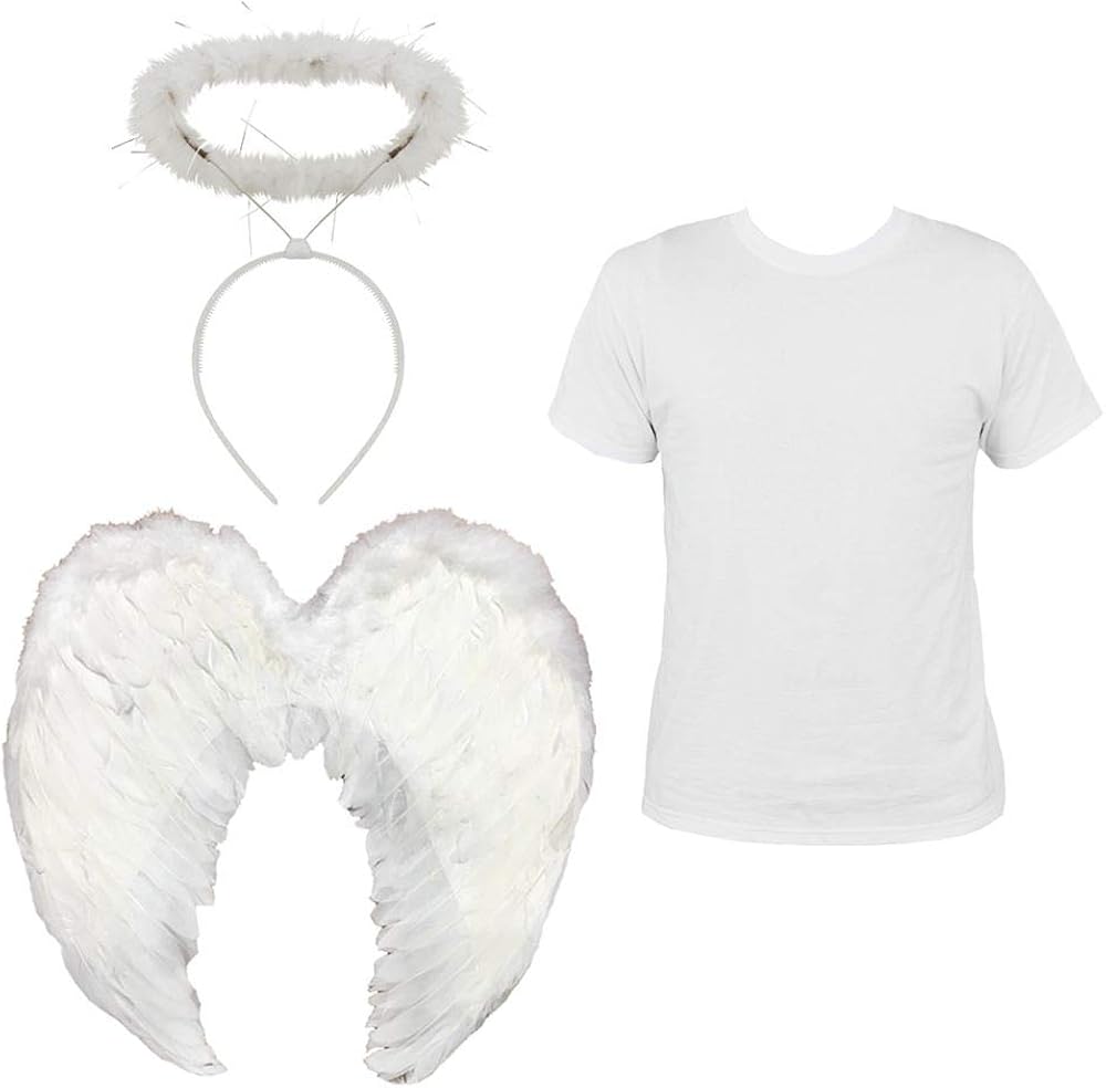 ANGEL WINGS AND HALO WITH TSHIRT FANCY DRESS COSTUME + ACCESSORY SET