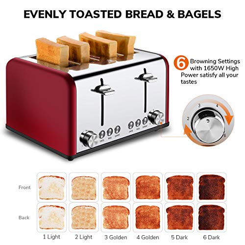 4 Slice Toaster, CUSIBOX Extra Wide Slots Stainless Steel Four Slice Toaster, BAGEL/DEFROST/CANCEL Function, 1650W, Red - Thumbnail 4