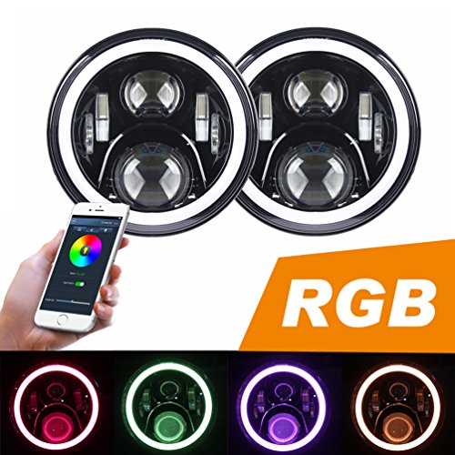 RGB Halo LED Headlight for Jeep Wrangler CJ TJ JK JKU Rubision Unlimited 7inch Jeep Wrangler LED Headlamp Assembly with Angel Eye Halo for Jeep CJ-5 CJ-7 Bluetooth Function with APP Control Wrangler