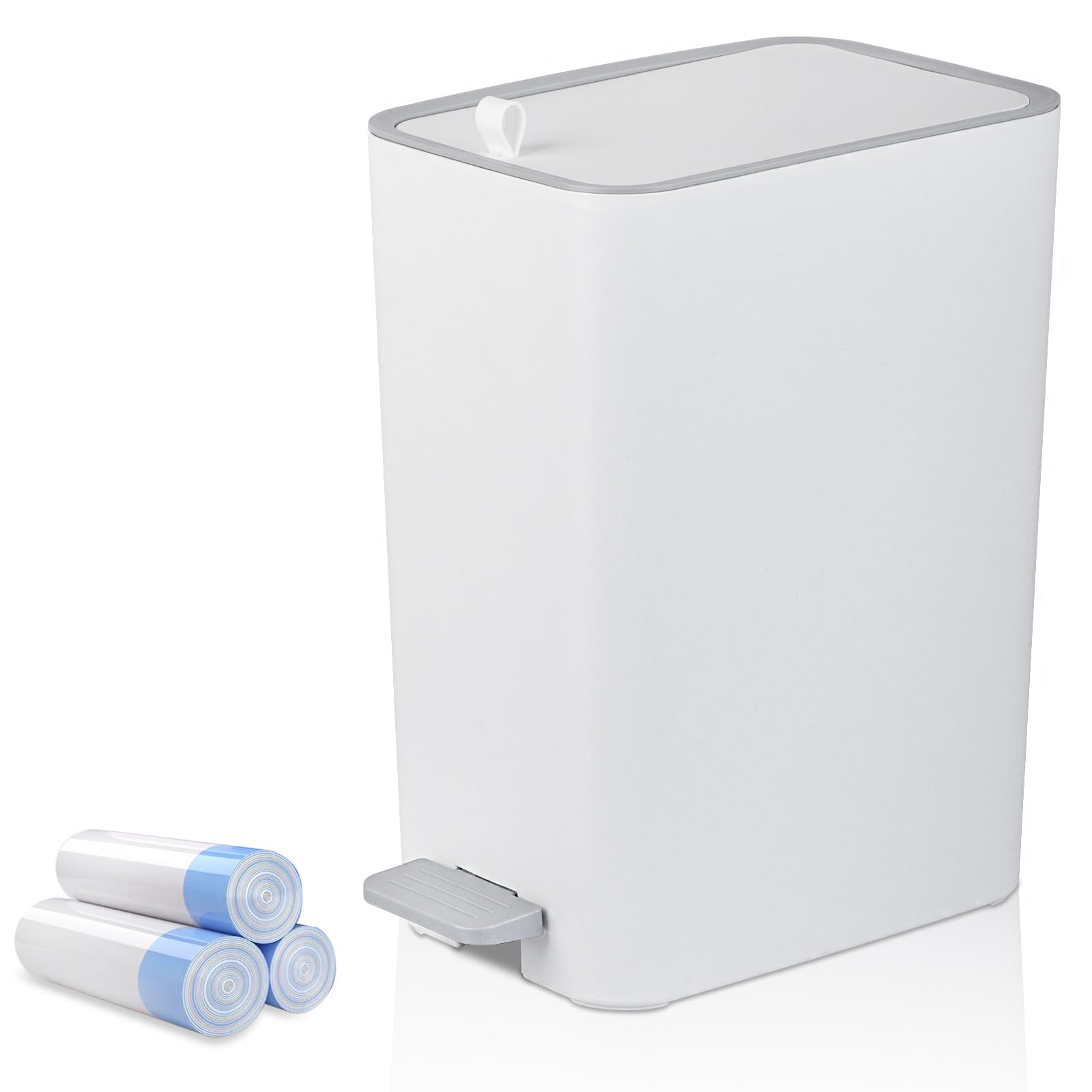 Photo 1 of rejomiik Small Bathroom Trash Can with Lid, 2.1 Gallon Step Garbage Can with Handle, Slim Mini Wastebasket Bin for Bedroom, Office, Dorm, White