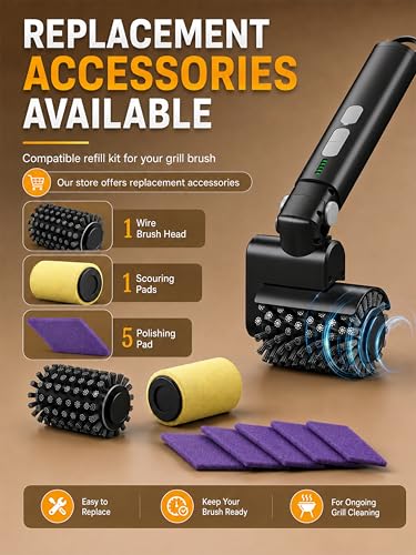 Aurviv Electric Grill Brush, 3-Speed Power Control Grill Brush for Outdoor Grill, Rechargeable BBQ Grill Brush, Cordless Grill Cleaning Brush with 2 Brush Head & Scouring Pad, Gifts for Men/Dad