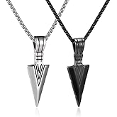 JKJF 2 Pcs Spearpoint Arrowhead Pendant Chain Necklace Cool Stainless Steel Pendant Necklace Goth Punk Rock Hip Hop Necklace for Men - Black Silver