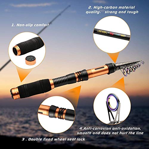 Bntteam Lot De 7 Cannes à Pêche Télescopiques De 2,1 M, 2,4 M, 3 M, 3,6 M, 99 % Carbone, Moulinet 12bb, Sac De Pêche, Leurres Et Ligne