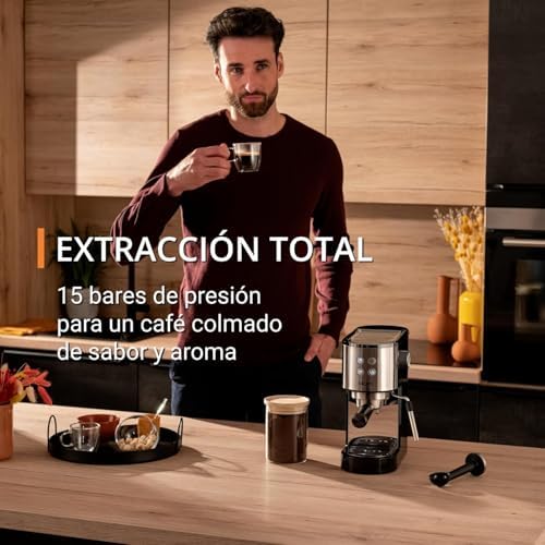 Virtuoso Essential - Cafetera espresso 15 bar, acero inox negro, diseño compacto y elegante, parada automática, espresso y cappuccino, Thermoblock, boquilla de vapor, incluye cuchara, XP4418