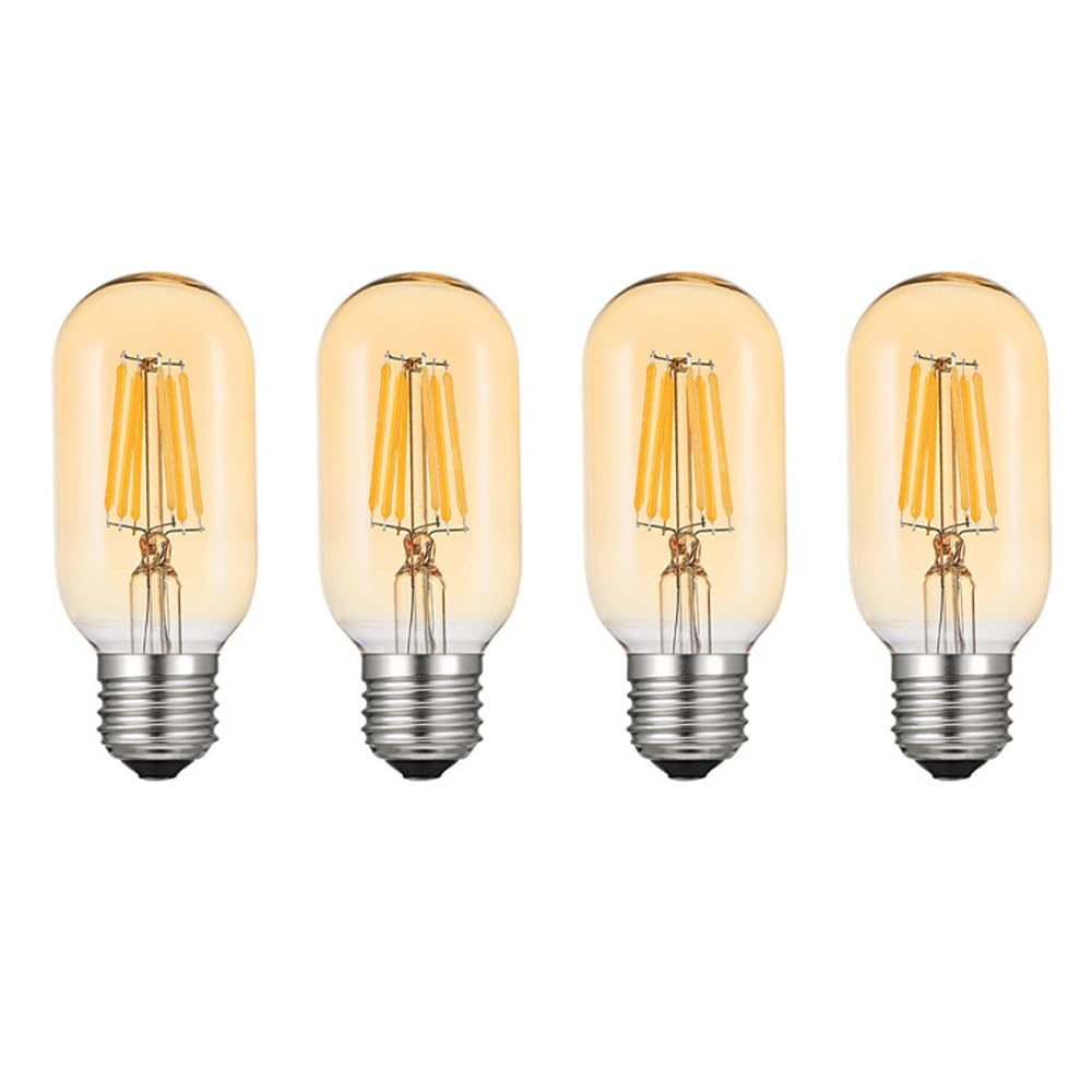 Jiotouhu T45 LED Edison Bulb 6W Amber 2700K 60W Incandencent Replacement Screw E27 Vintage LED Decorative Light Bulb T45 Clear Tubular Filament Bulb (4-Pack, Non-Dimmable)