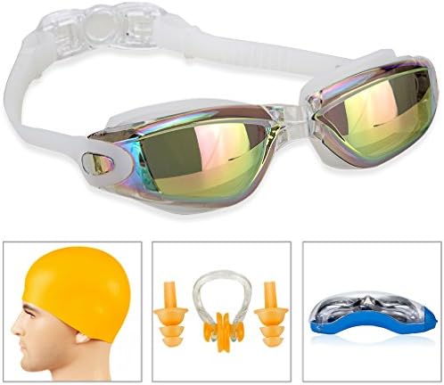 GAOYI Swimming Goggles + Swim Cap + Case + Nose Clip + Ear Plugs,Swim Goggles Anti Fog UV Protection for Adult Men Women Youth Kids Child by