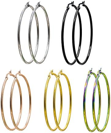 Jaykay Stainless Steel Hoop Earrings for Woman 5 Pairs Endless Hoops Set (50MM 5-COLORS)