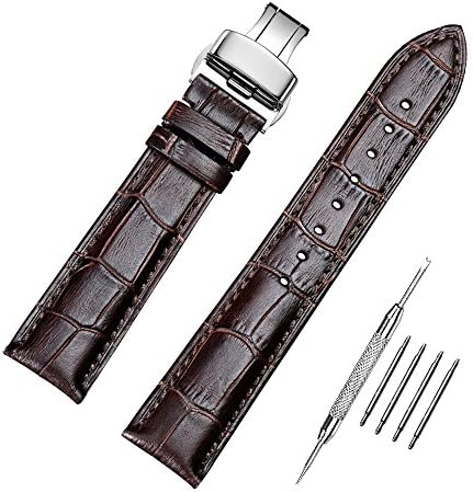 BUREI Leather Watch Band Genuine Calfskin/Crocodile Watch Strap with Replacement Tool and Spring Bars Bonus 18mm 19mm 20mm 21mm 22mm 24mm