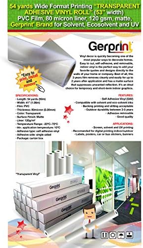 GERCUTTER Store - 54 Yards Wide Format Printing "TRANSPARENT ADHESIVE VINYL ROLL" (41" Width) PVC Film, 80 micron liner, 120 gsm, matte, Gerprint Brand for Solvent, Eco-solvent and UV