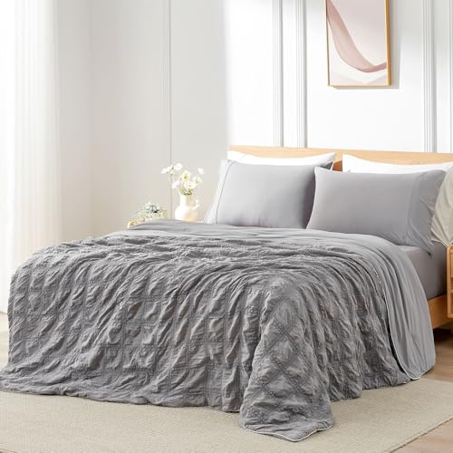 Cozy Bliss Cooling Comforter Seersucker Plaid Queen Size, Q-Max 0.45 Lightweight Cooling