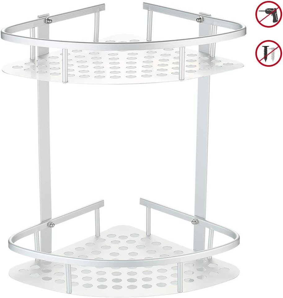 Hodzeed No Drilling Glue Shower Corner Shelves, Aluminum 2 Tier Glue Bathroom Shelf Caddy Adhesive Storage Basket for Shampoo