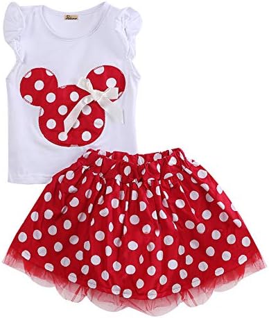 Baby Toddler Girls Ruffles Demin Dress, Solid Color with Cartoon Big Bow Minnie Mouse Shoulder Bag Casual Playwear Outfits (red, 3-4T)