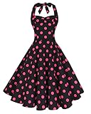 Anni Coco Women's Halter Polka Dots 1950s Vintage Swing Tea Dress - Large - 2nd - Black & Rose Red Dots