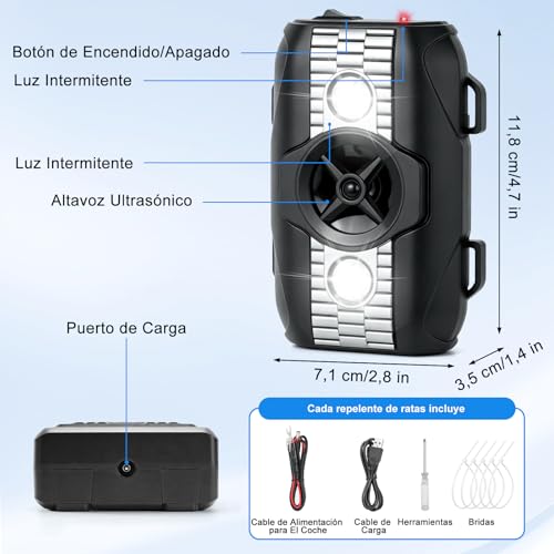 2PCS Ultrasónico Ahuyentador de Ratas para Coche con Flash, 3 Modos de Carga, Ahuyentador de Martas para Coche para Aticos, Hogar, Jardín y Automóviles