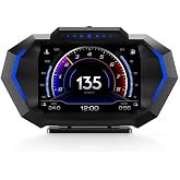 AZIJYV Obd2 Gauge Display with Speed, Heads Up Display for Cars P24, Fuel Consumption, RPM, Overspeed Alarm, OBD+GPS Digital Speedometer Suitable for All Car