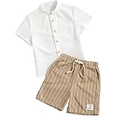 Verdusa Toddler Boy's 2 Piece Outfits Linen Set Striped Short Sets Button Up Shirt and Shorts Clothes Sets