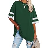 Fisoew Womens Oversized Tees Loose T Shirts Half Sleeve Crew Neck Color Block Cotton Tunic Tops