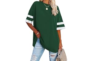 Fisoew Womens Oversized Tees Loose T Shirts Half Sleeve Crew Neck Color Block Cotton Tunic Tops