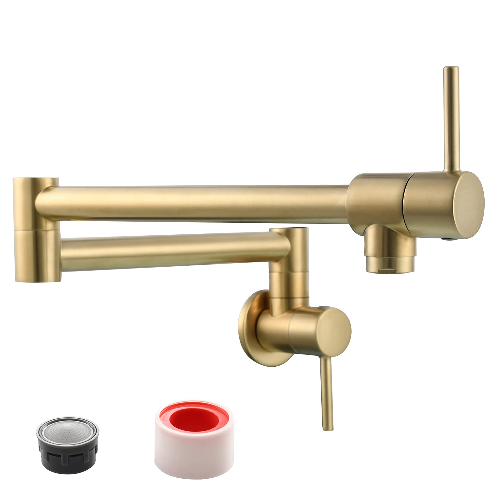 Tecmolog 2 Handles Kitchen Sink Faucet Brass Wall Mounted Pot Filler Faucet with Double Joint Swing Arms, Brushed Gold, CT166J2