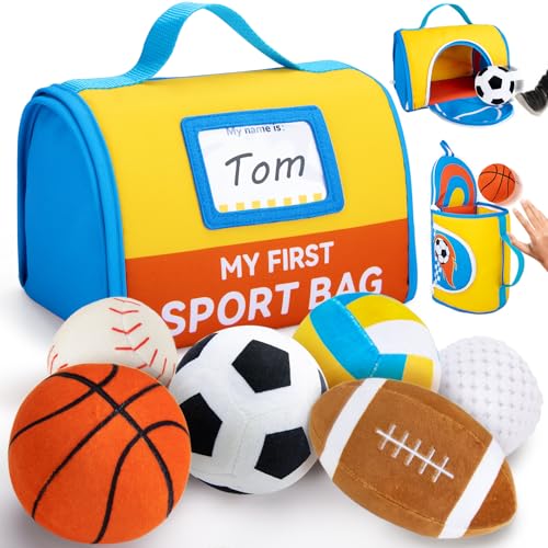teytoy My First Sports Bag for Baby,Stuffed Plush Playset with Soft Basketball,Baseball,Football,Soccer,Golf Ball,Volleyball Baby Birthday Gift Toys for 1 Year Old Boys Girls