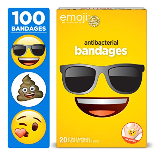 Emoji Kids Bandages with Emoji Shaped Bandages, 100 ct | Adhesive Antibacterial Bandages for Minor Cuts, Scrapes, Burns. Easter Basket Stuffers for Kids & Toddlers