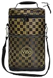 Vina 2 Bottle Wine Tote Bag, Insulated Wine or Beer Cooler Carrier Case with Shoulder Strap + Free Corkscrew, Brown Grid Wine Gift Bag for Travel and Picnic, Black